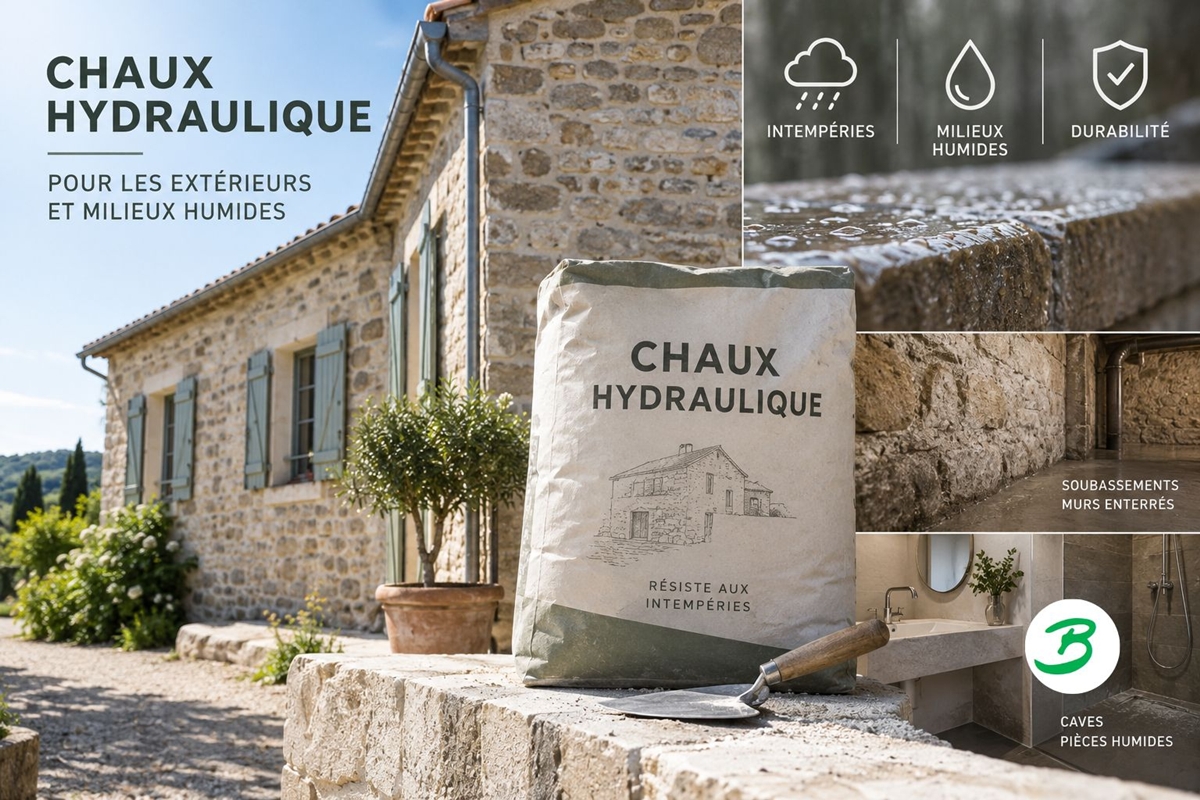 chaux hydraulique, adaptée aux extérieurs et aux milieux humides