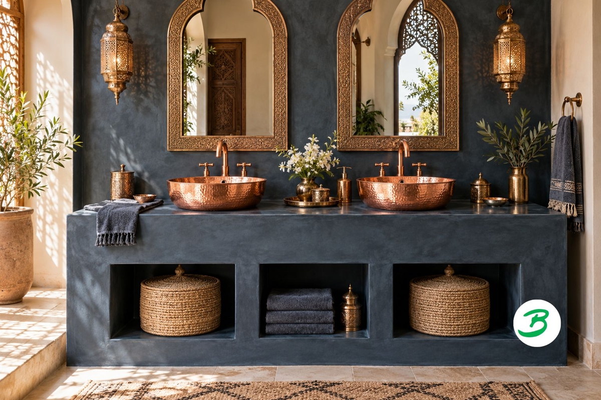 meuble de salle de bain en béton ciré bleu nuit avec double vasques en cuivre rosé marocain