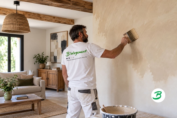 artisan en train d'appliquer un badigeon à la chaux beige sur le mur d'un salon, à l'aide d'une brosse à badigeon